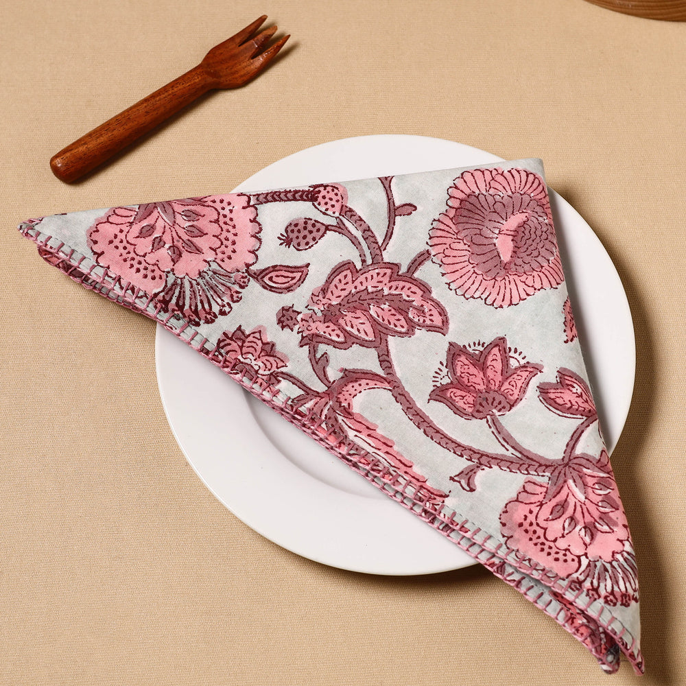 Floral Block Print Cotton Hand Embroidery Table Napkin 15