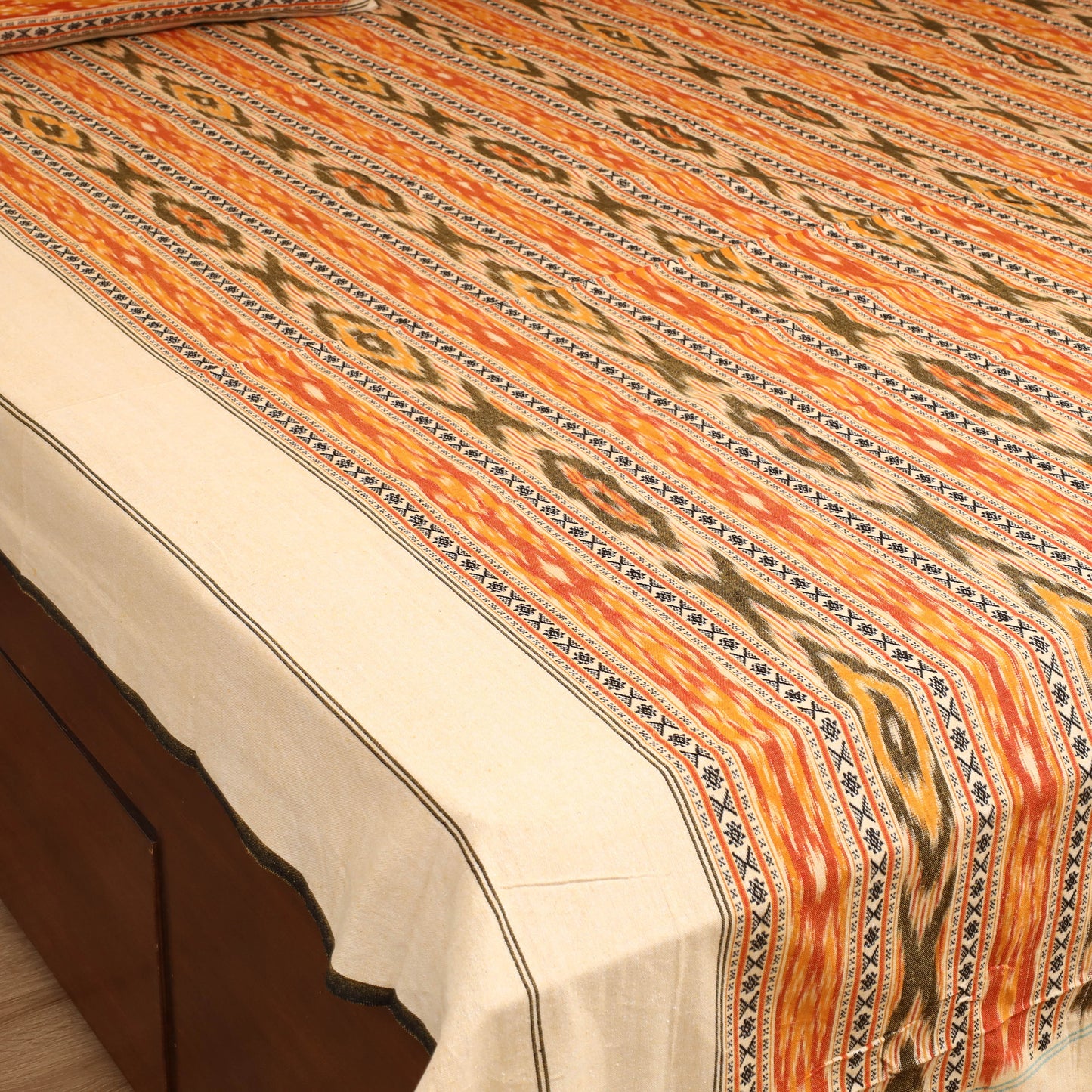 Orange - Pochampally Dabi Ikat Cotton Double Bedsheet Set (108 x 90 in) 04