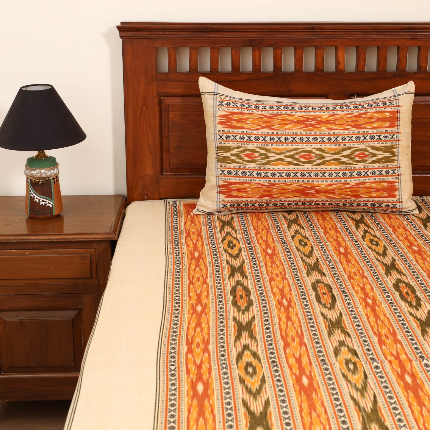 Orange - Pochampally Dabi Ikat Cotton Double Bedsheet Set (108 x 90 in) 04