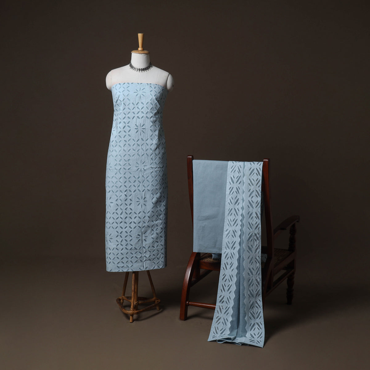 Applique Cutwork Cotton Unstitched Dress Material: Kurta, Bottom & Dupatta 18