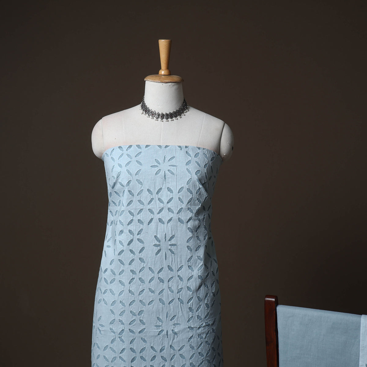 Applique Cutwork Cotton Unstitched Dress Material: Kurta, Bottom & Dupatta 18