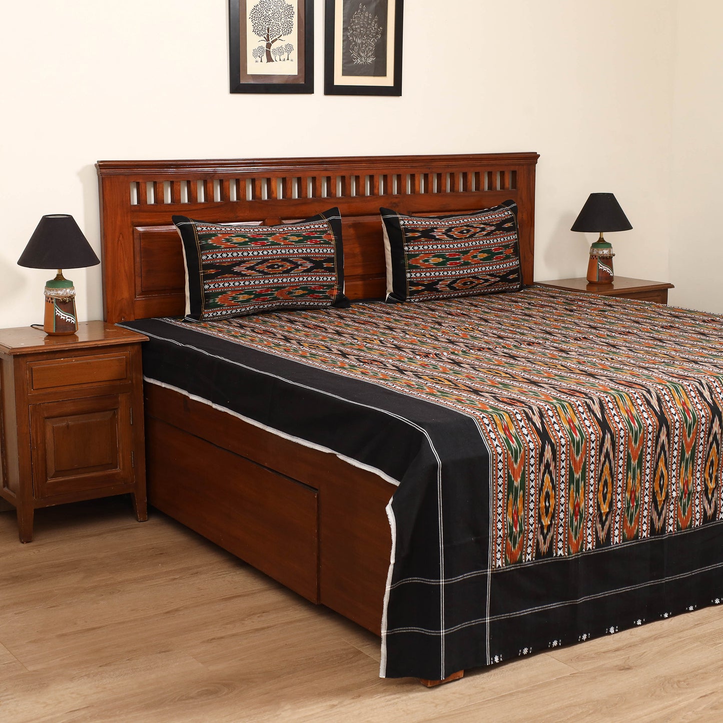 Black - Pochampally Dabi Ikat Cotton Double Bedsheet Set (108 x 90 in) 05