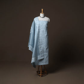 Applique Cutwork Cotton Unstitched Dress Material: Kurta, Bottom & Dupatta 18