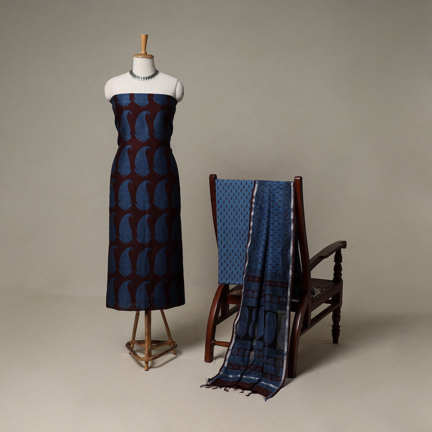 Bagh Hand Block Print Natural Dyed Chanderi Silk 3pc Unstitched Dress Material Suit Set 21