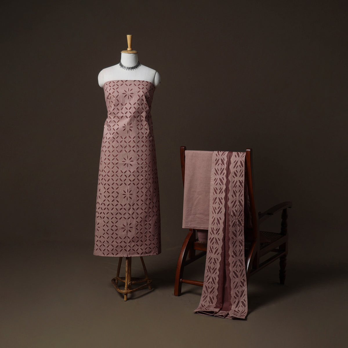 Applique Cutwork Cotton Unstitched Dress Material: Kurta, Bottom & Dupatta 19