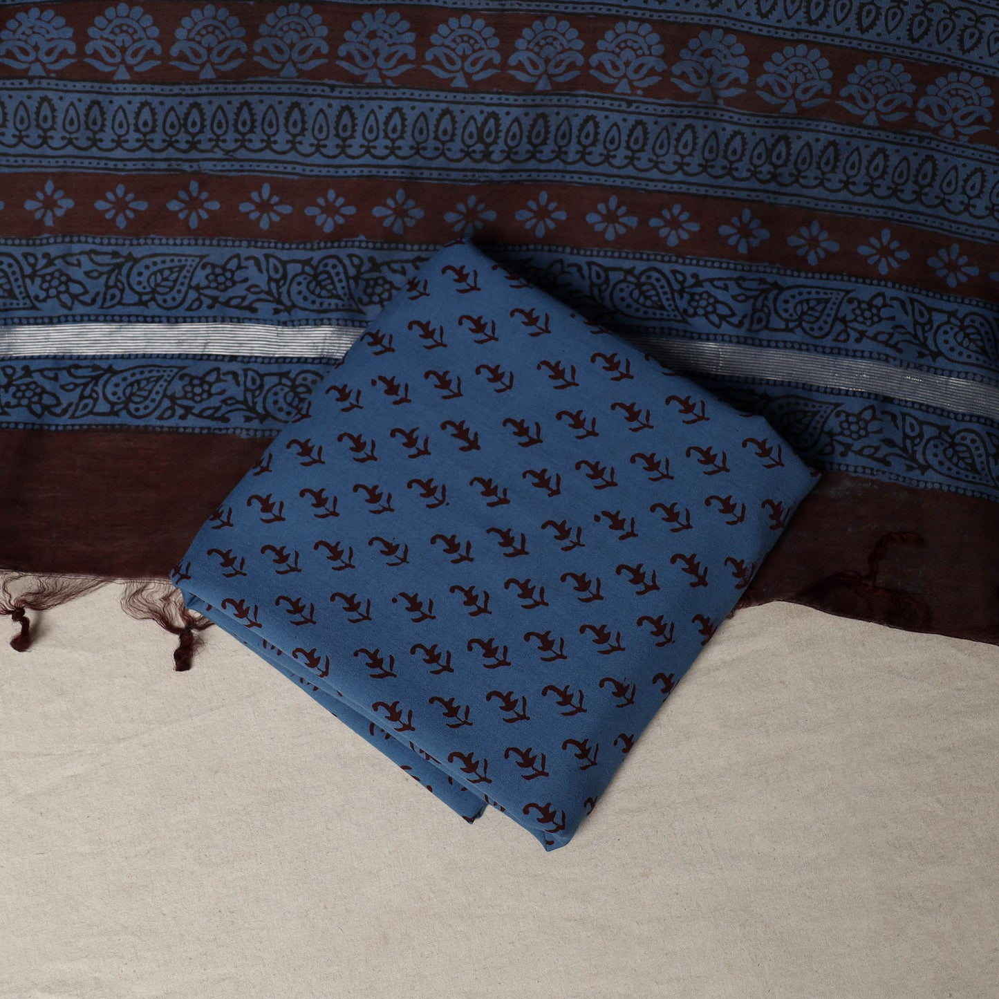Bagh Hand Block Print Natural Dyed Chanderi Silk 3pc Unstitched Dress Material Suit Set 21