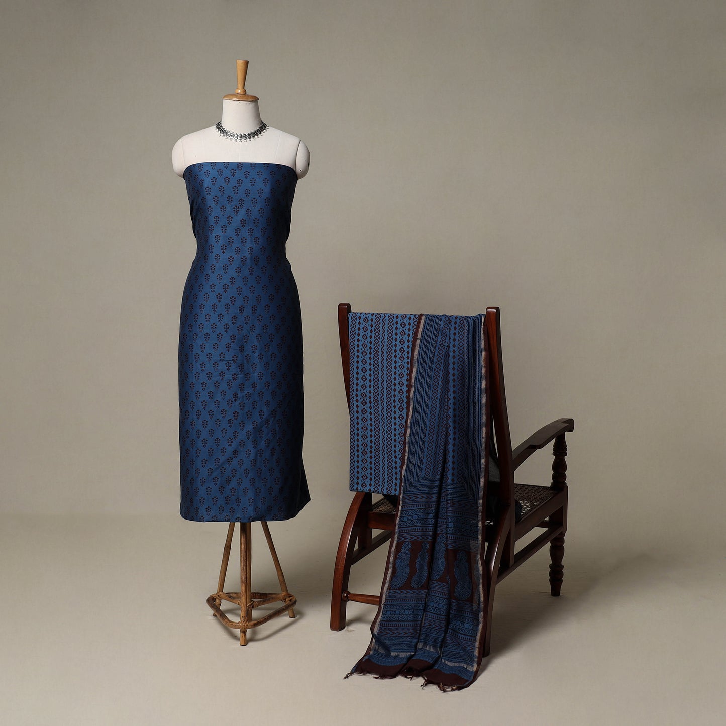 Bagh Hand Block Print Natural Dyed Chanderi Silk 3pc Unstitched Dress Material Suit Set 22