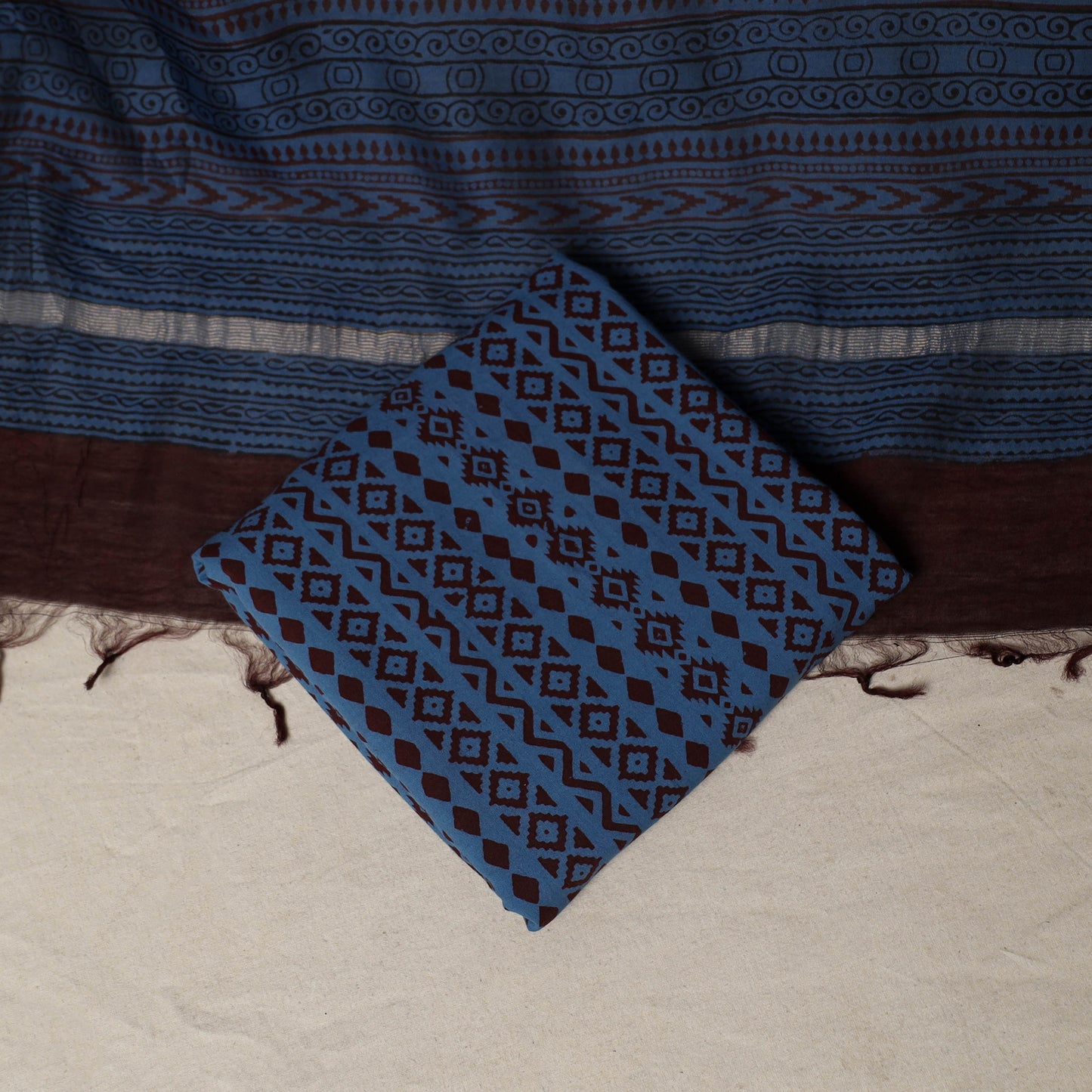 Bagh Hand Block Print Natural Dyed Chanderi Silk 3pc Unstitched Dress Material Suit Set 22