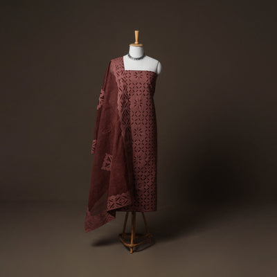 Applique Cutwork Cotton Unstitched Dress Material: Kurta, Bottom & Dupatta 20