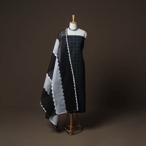 Black - Applique Cutwork Cotton Unstitched Dress Material: Kurta, Bottom & Dupatta 21