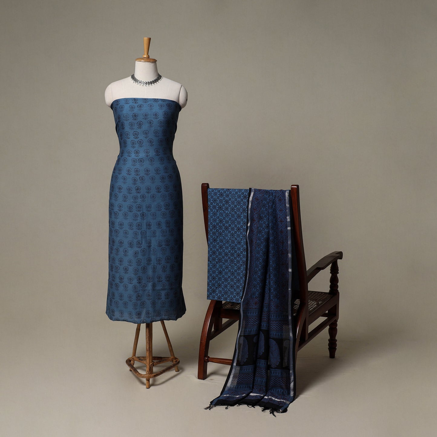 Bagh Hand Block Print Natural Dyed Chanderi Silk 3pc Unstitched Dress Material Suit Set 24