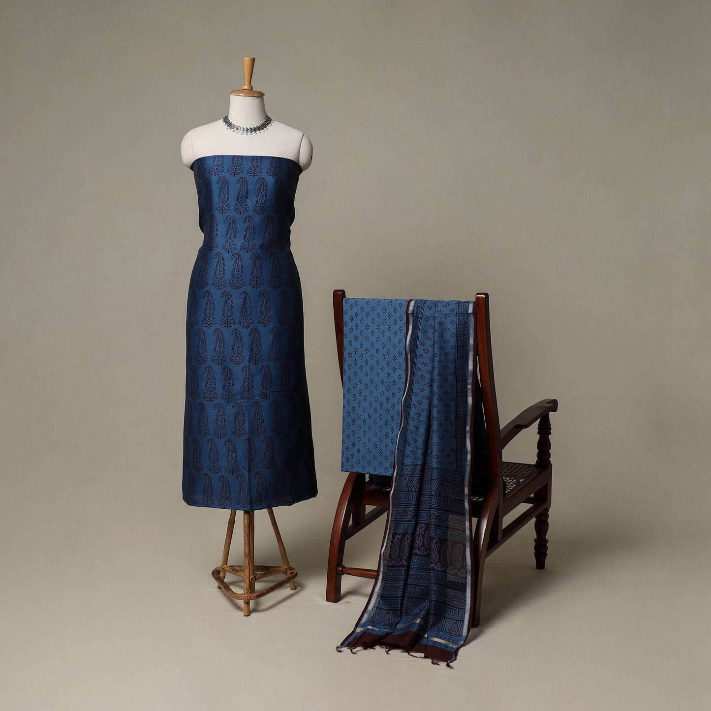 Bagh Hand Block Print Natural Dyed Chanderi Silk 3pc Unstitched Dress Material Suit Set 25