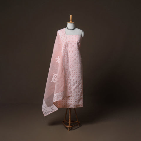 Pink - Applique Cutwork Cotton Unstitched Dress Material: Kurta, Bottom & Dupatta 22