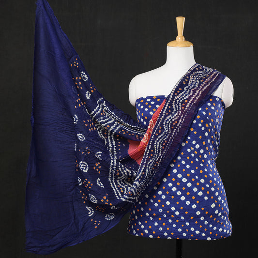 Blue - 3pc Kutch Bandhani Tie-Dye Satin Cotton Suit Material Set