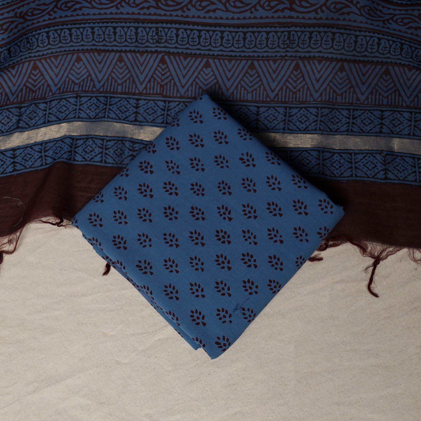 Bagh Hand Block Print Natural Dyed Chanderi Silk 3pc Unstitched Dress Material Suit Set 25