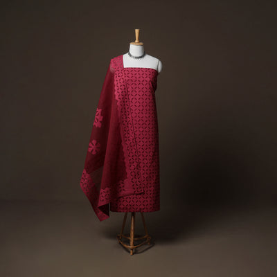 Applique Cutwork Cotton Unstitched Dress Material: Kurta, Bottom & Dupatta 23