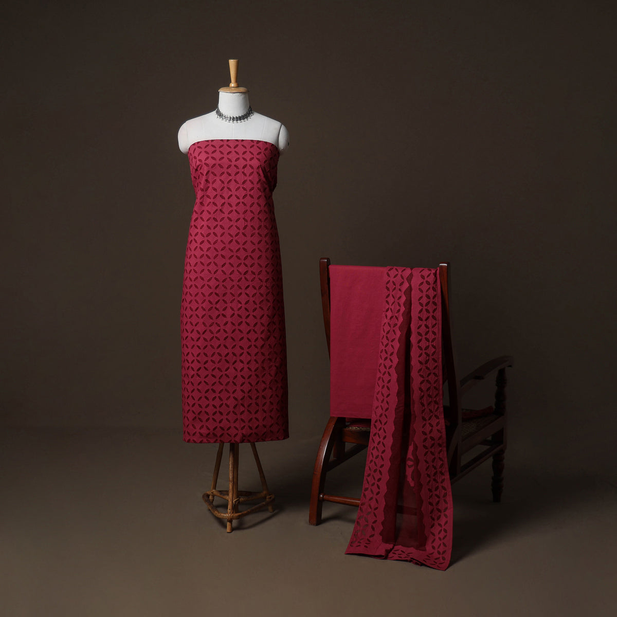 Applique Cutwork Cotton Unstitched Dress Material: Kurta, Bottom & Dupatta 23