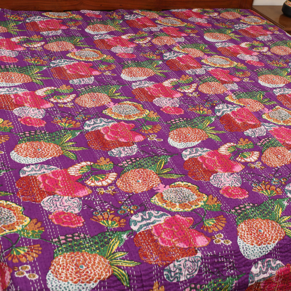 Purple - Jaipur Print Double Tagai Kantha Bed Cover 04