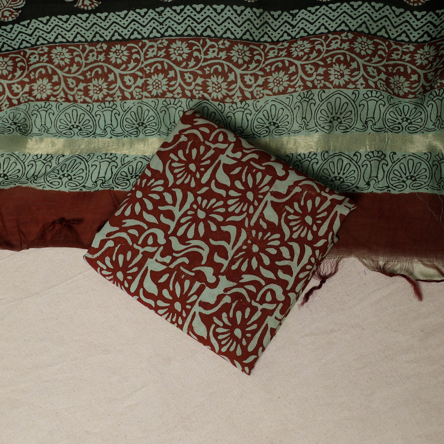 Bagh Hand Block Print Natural Dyed Chanderi Silk 3pc Unstitched Dress Material Suit Set 26