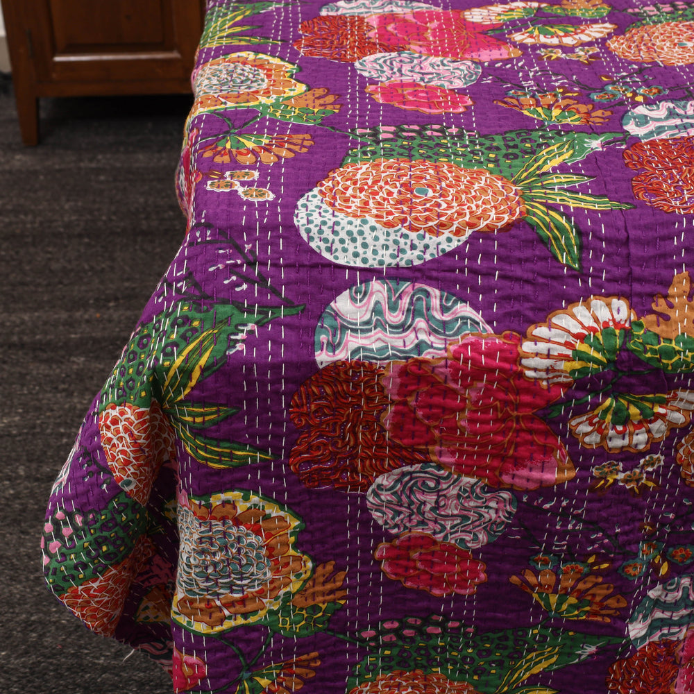 Purple - Jaipur Print Double Tagai Kantha Bed Cover 04