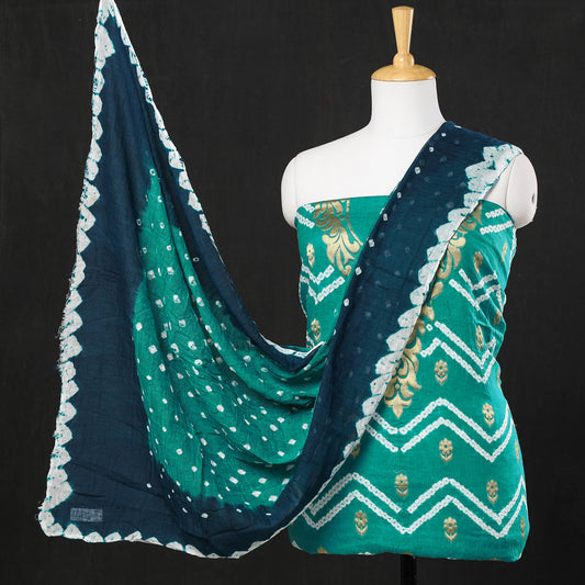 Green - 3pc Kutch Bandhani Tie-Dye Satin Cotton Heavy Zari Work Suit Material Set