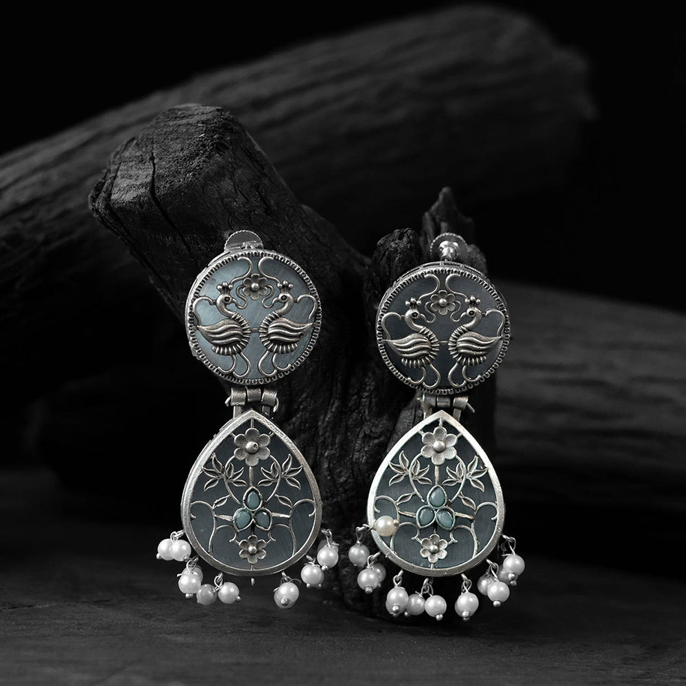 Grey - saanjh bela flower peacock oxidised earrings