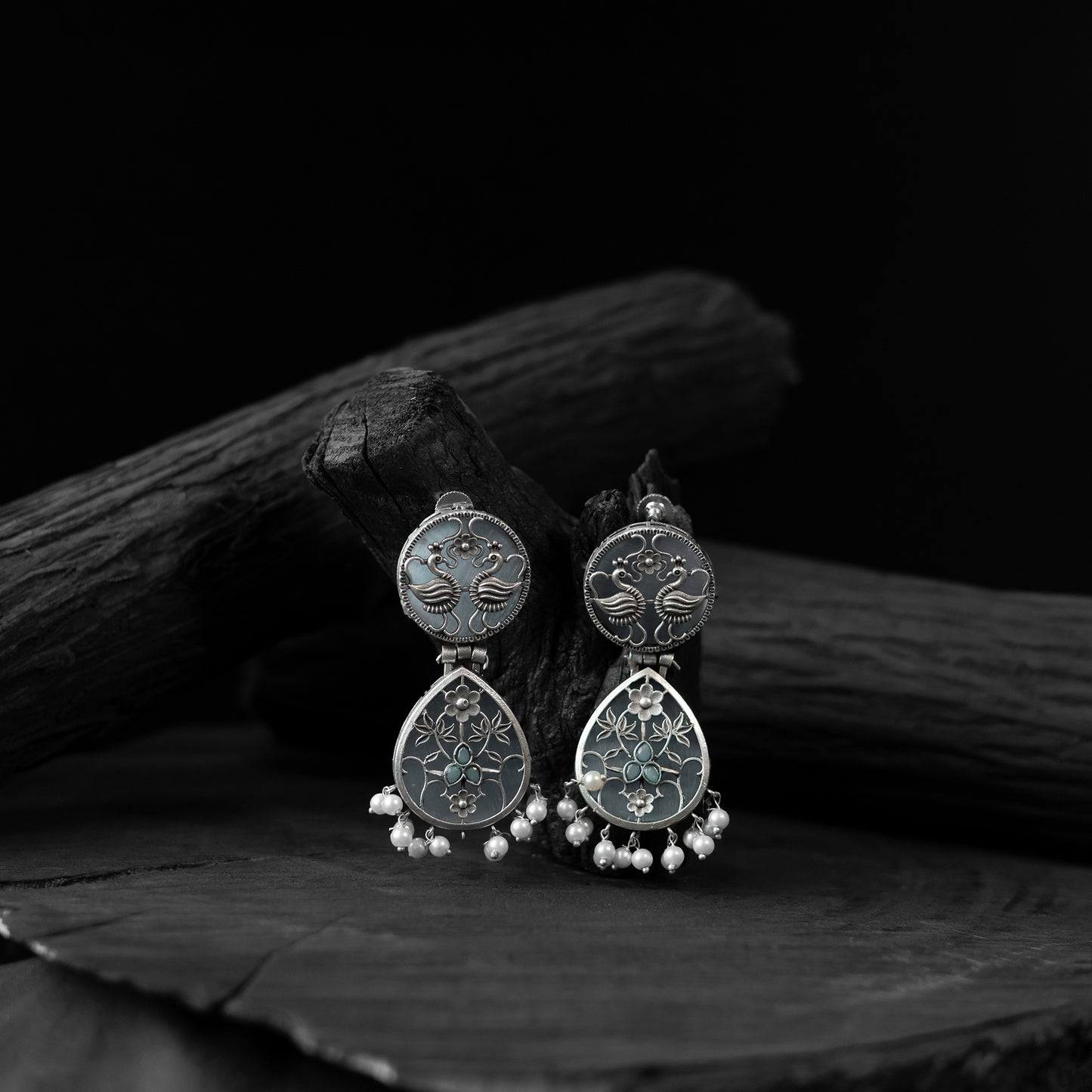 Grey - saanjh bela flower peacock oxidised earrings