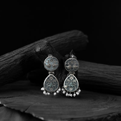 Grey - saanjh bela flower peacock oxidised earrings