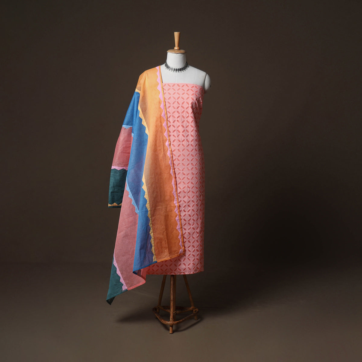 Applique Cutwork Cotton Unstitched Dress Material: Kurta, Bottom & Dupatta 24