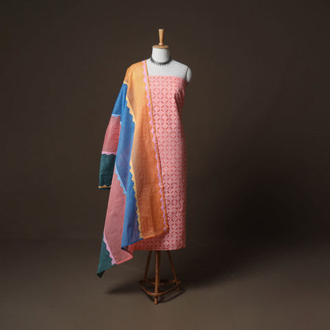 Pink - Applique Cutwork Cotton Unstitched Dress Material: Kurta, Bottom & Dupatta 24