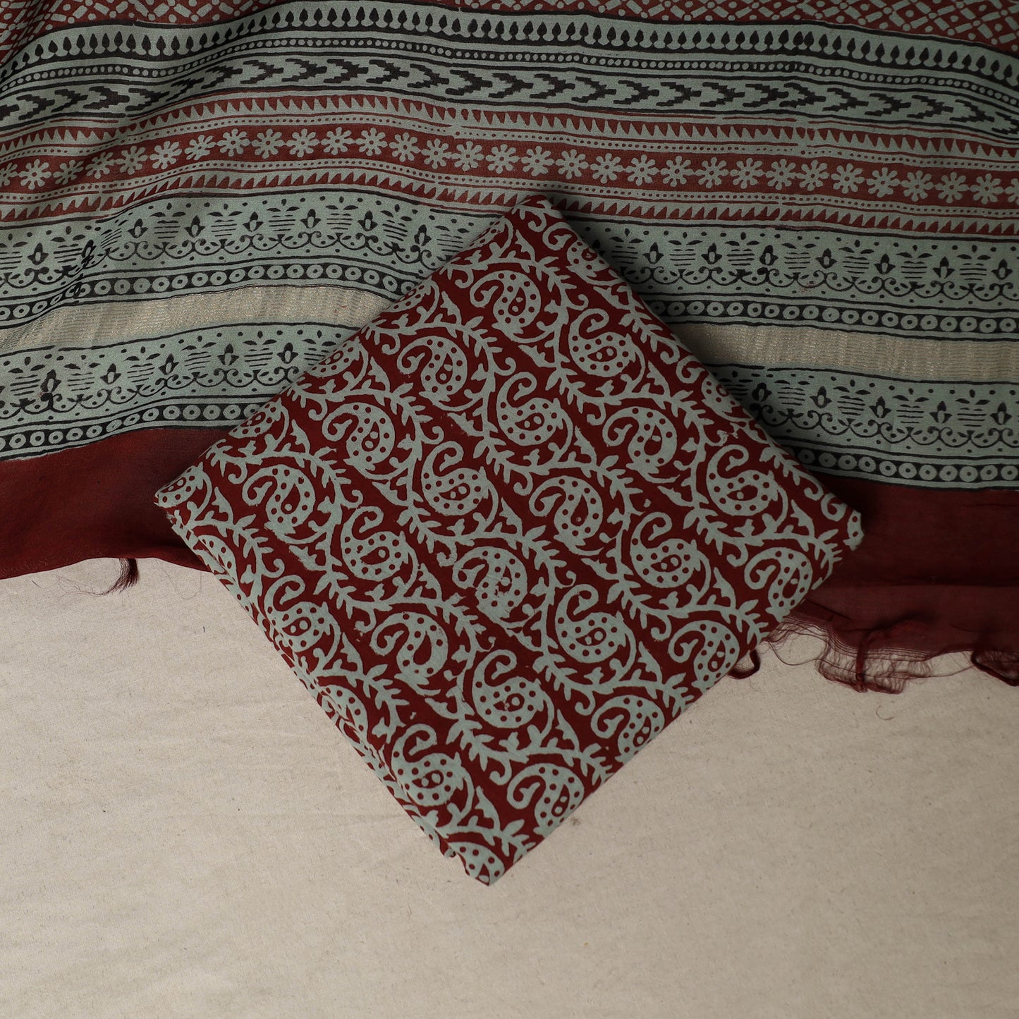 Bagh Hand Block Print Natural Dyed Chanderi Silk 3pc Unstitched Dress Material Suit Set 27