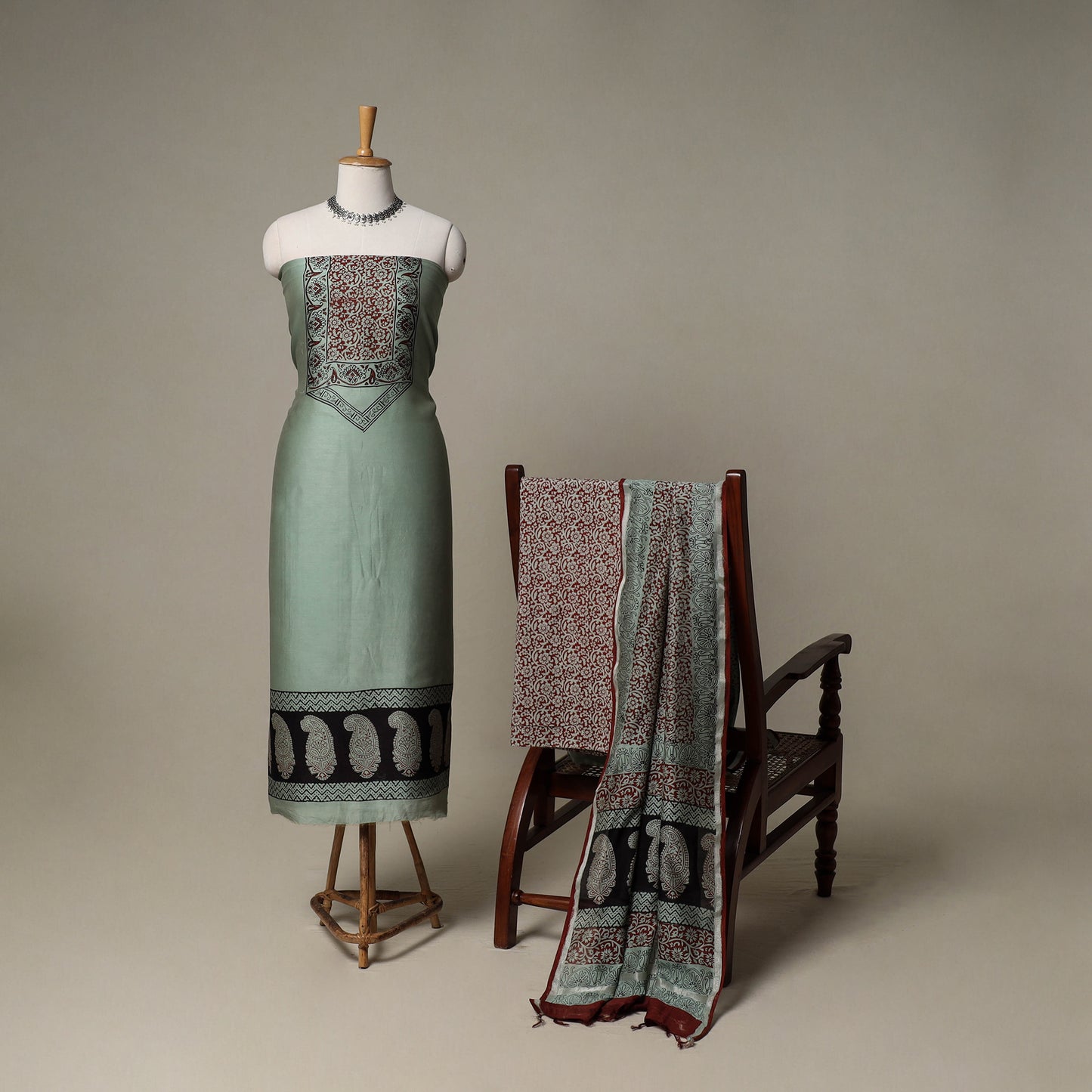 Bagh Hand Block Print Natural Dyed Chanderi Silk 3pc Unstitched Dress Material Suit Set 28