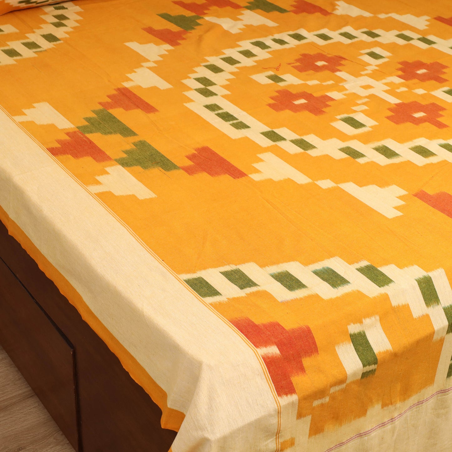 Yellow - Pochampally Ikat Cotton Double Bedsheet Set (108 x 90 in) 15
