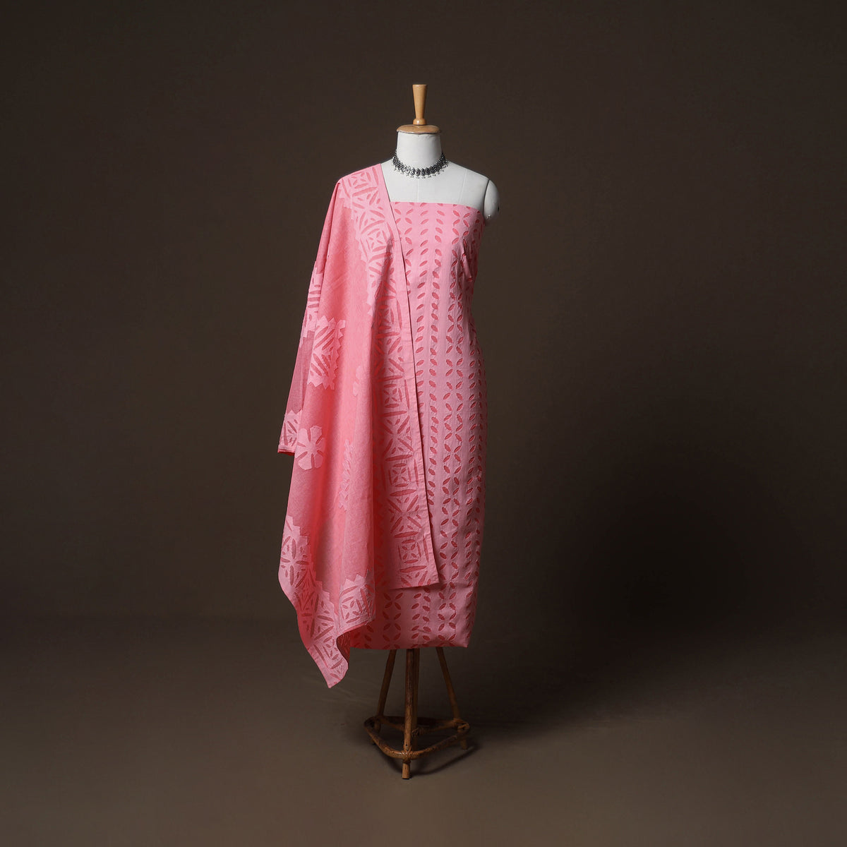 Applique Cutwork Cotton Unstitched Dress Material: Kurta, Bottom & Dupatta 26