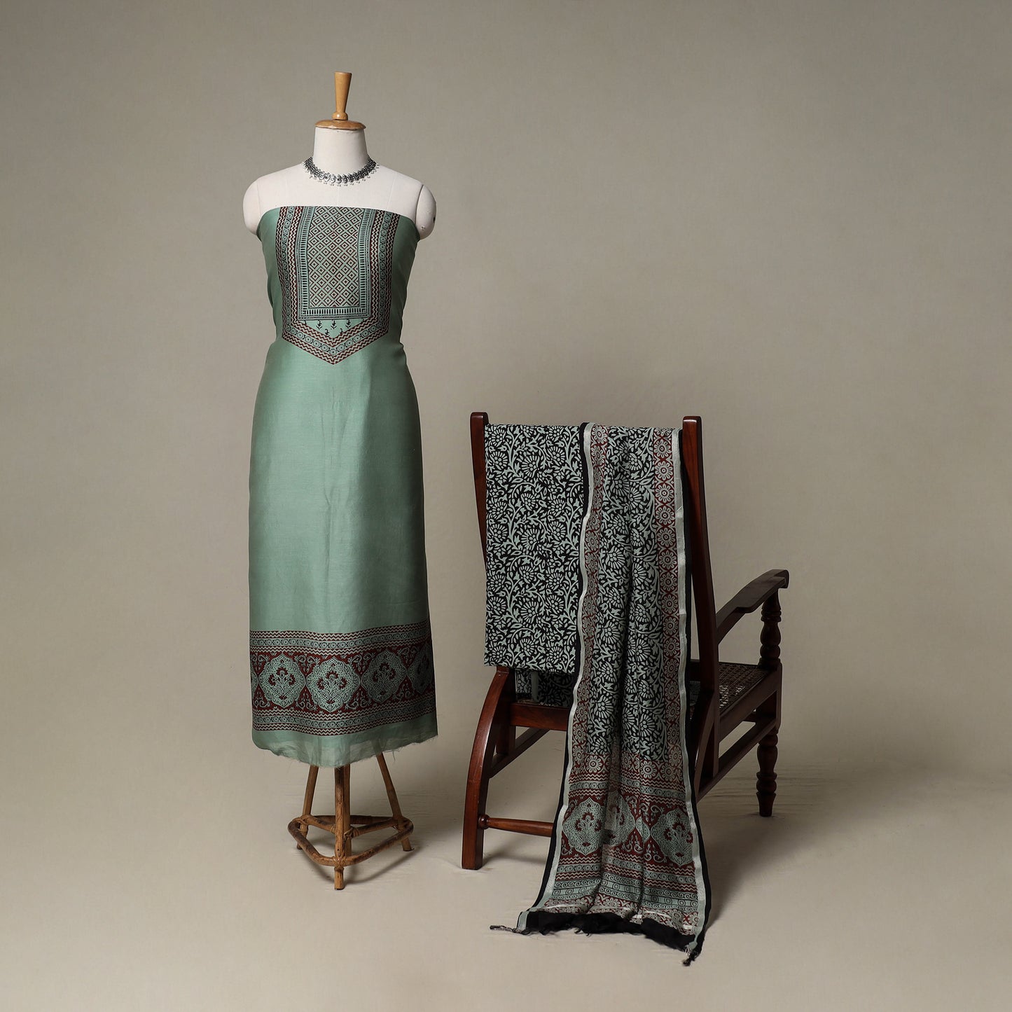 Bagh Hand Block Print Natural Dyed Chanderi Silk 3pc Unstitched Dress Material Suit Set 29