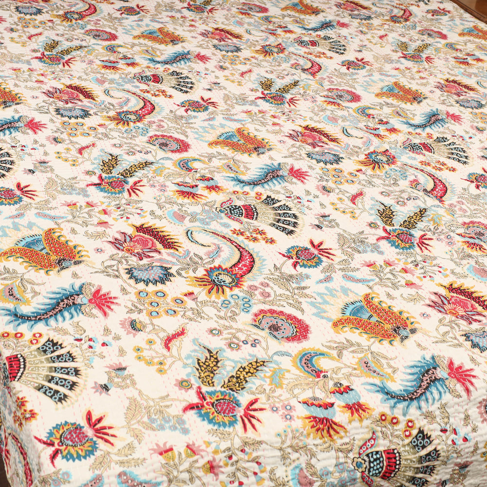 White - Jaipur Print Double Tagai Kantha Bed Cover 08