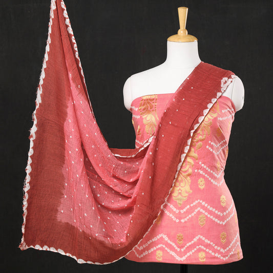 Pink - 3pc Kutch Bandhani Tie-Dye Satin Cotton Heavy Zari Work Suit Material Set