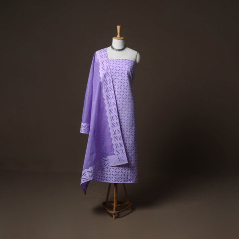 Purple - Applique Cutwork Cotton Unstitched Dress Material: Kurta, Bottom & Dupatta 27