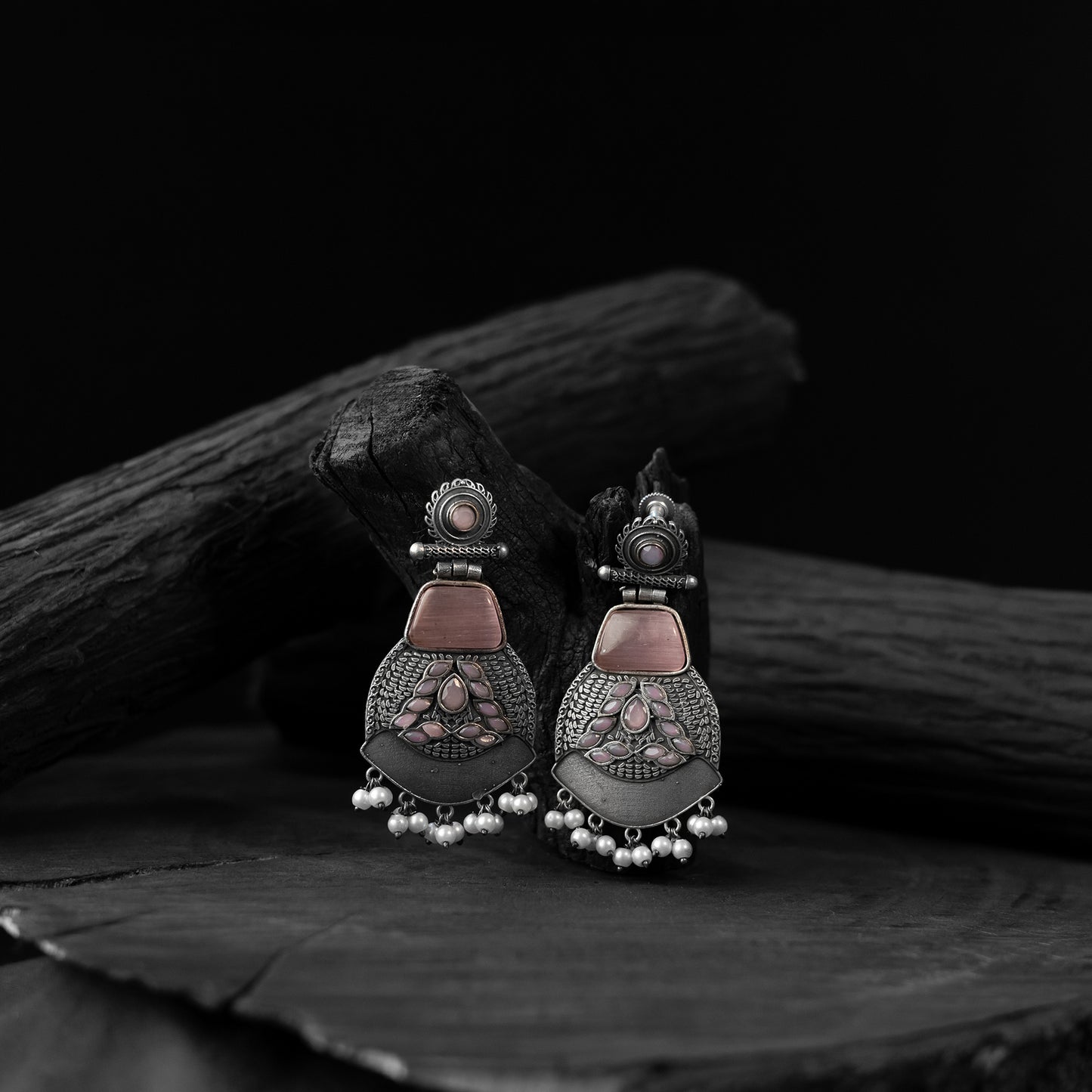 Pink - saanjh bela blossom oxidised earrings - handcrafted