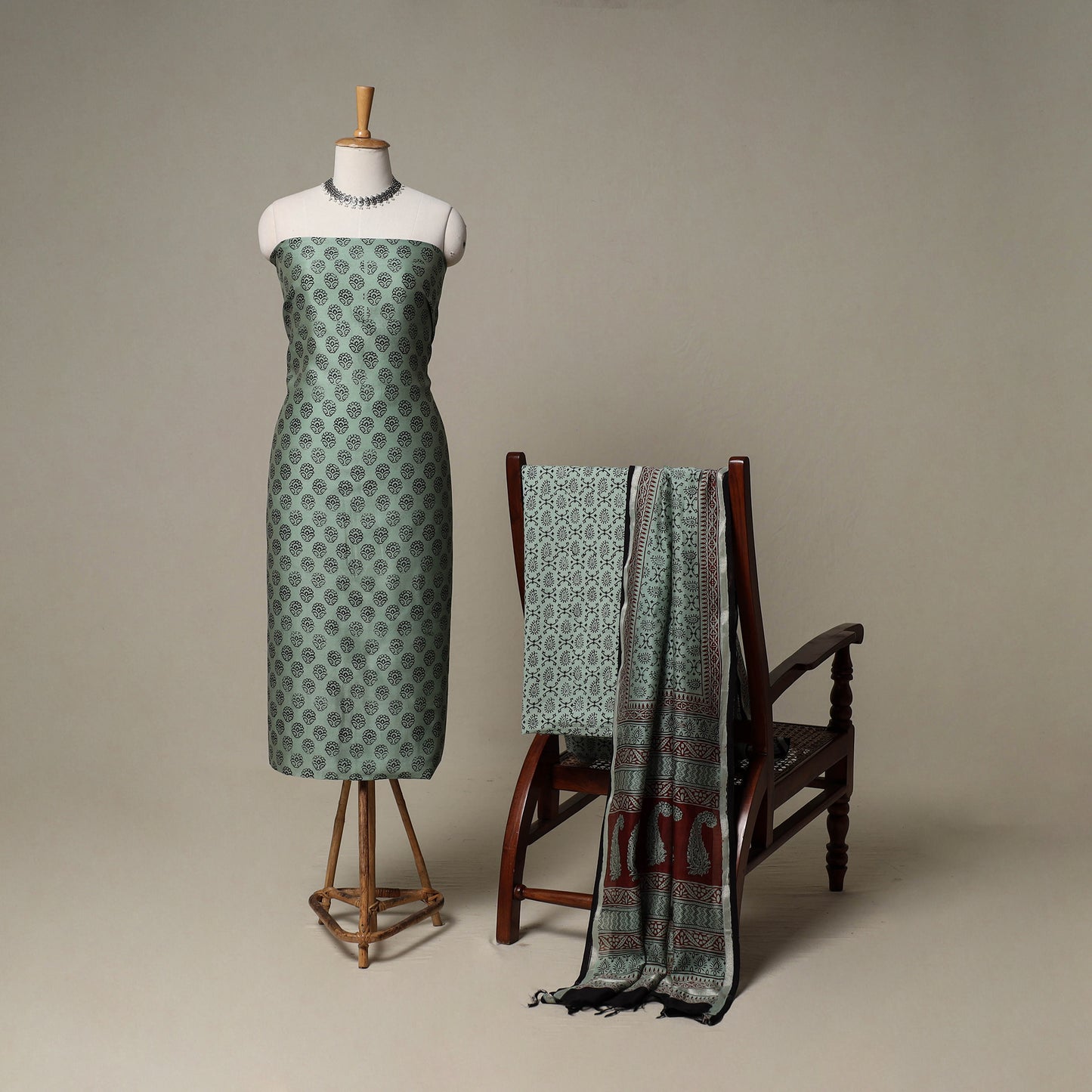 Bagh Hand Block Print Natural Dyed Chanderi Silk 3pc Unstitched Dress Material Suit Set 31