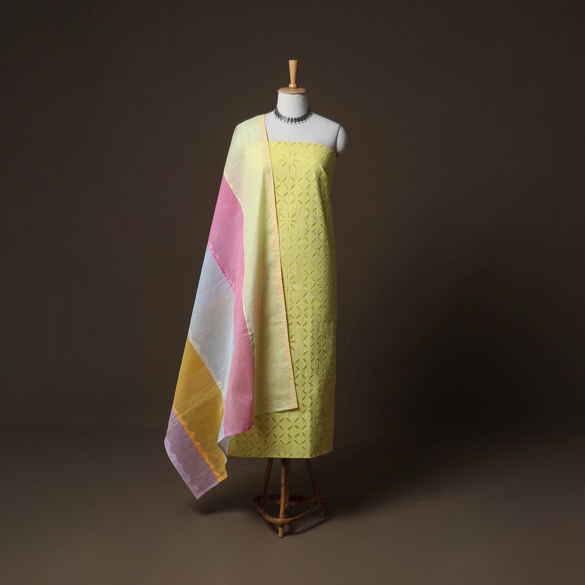 Applique Cutwork Cotton Unstitched Dress Material: Kurta, Bottom & Dupatta 28