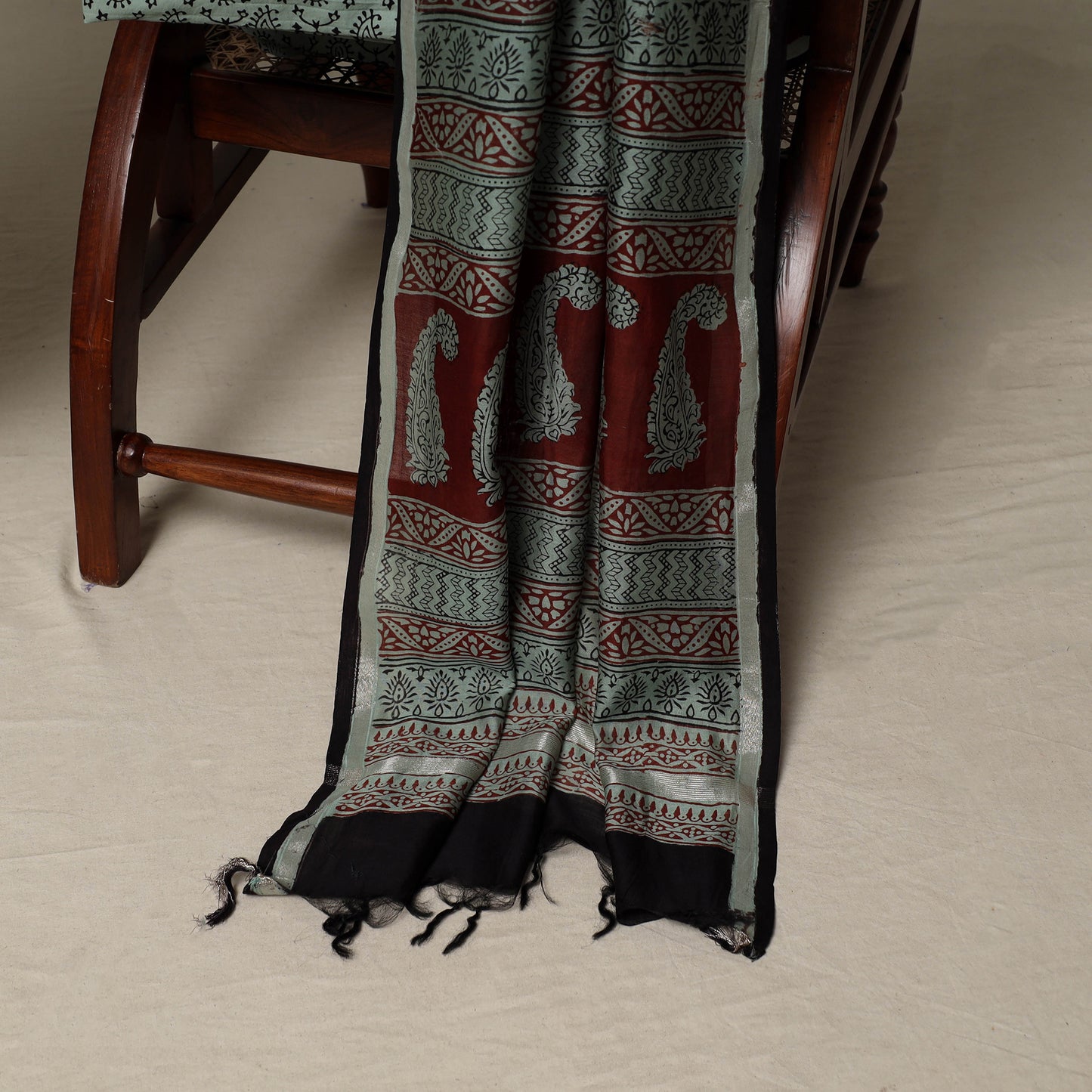 Bagh Hand Block Print Natural Dyed Chanderi Silk 3pc Unstitched Dress Material Suit Set 31