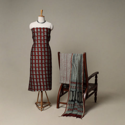 Bagh Hand Block Print Natural Dyed Chanderi Silk 3pc Unstitched Dress Material Suit Set 32