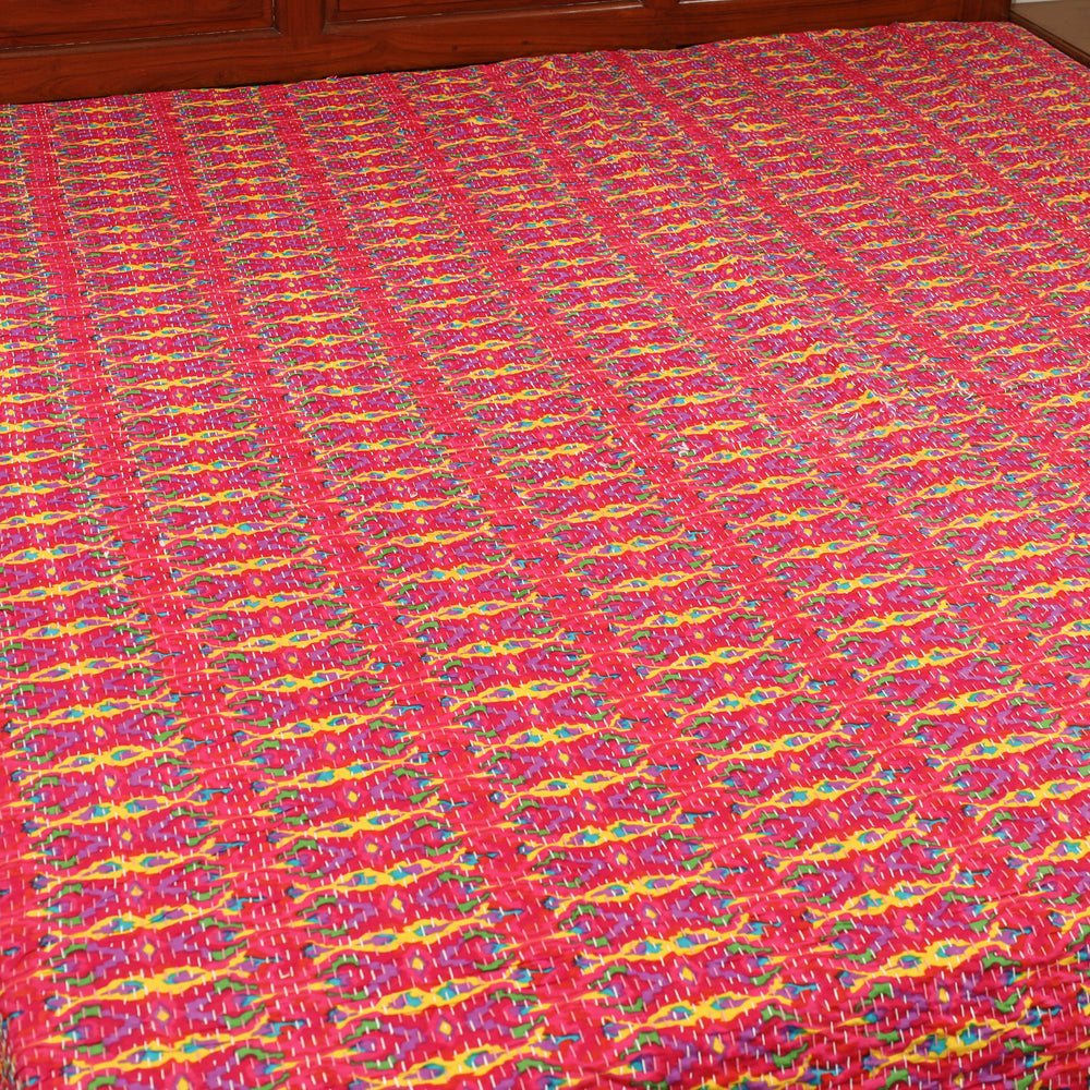 Pink - Jaipur Print Double Tagai Kantha Bed Cover 11