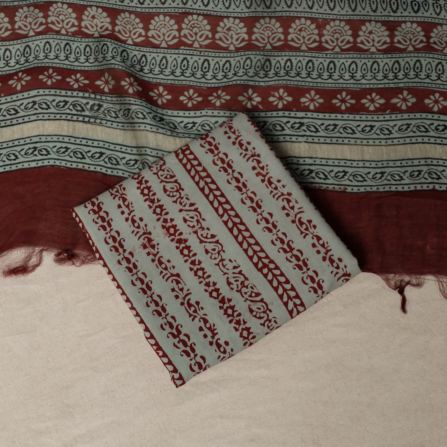 Bagh Hand Block Print Natural Dyed Chanderi Silk 3pc Unstitched Dress Material Suit Set 32