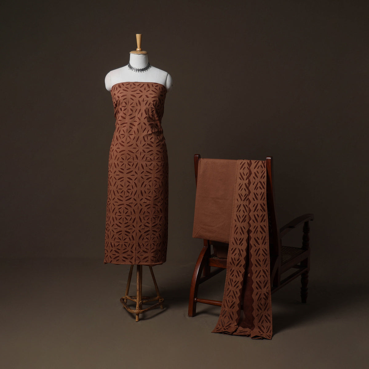 Applique Cutwork Cotton Unstitched Dress Material: Kurta, Bottom & Dupatta 29