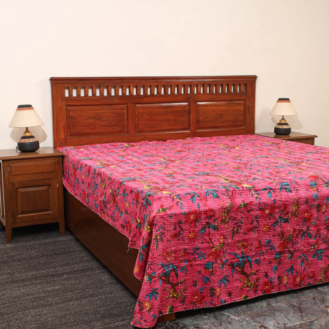 Pink - Jaipur Print Double Tagai Kantha Bed Cover 12