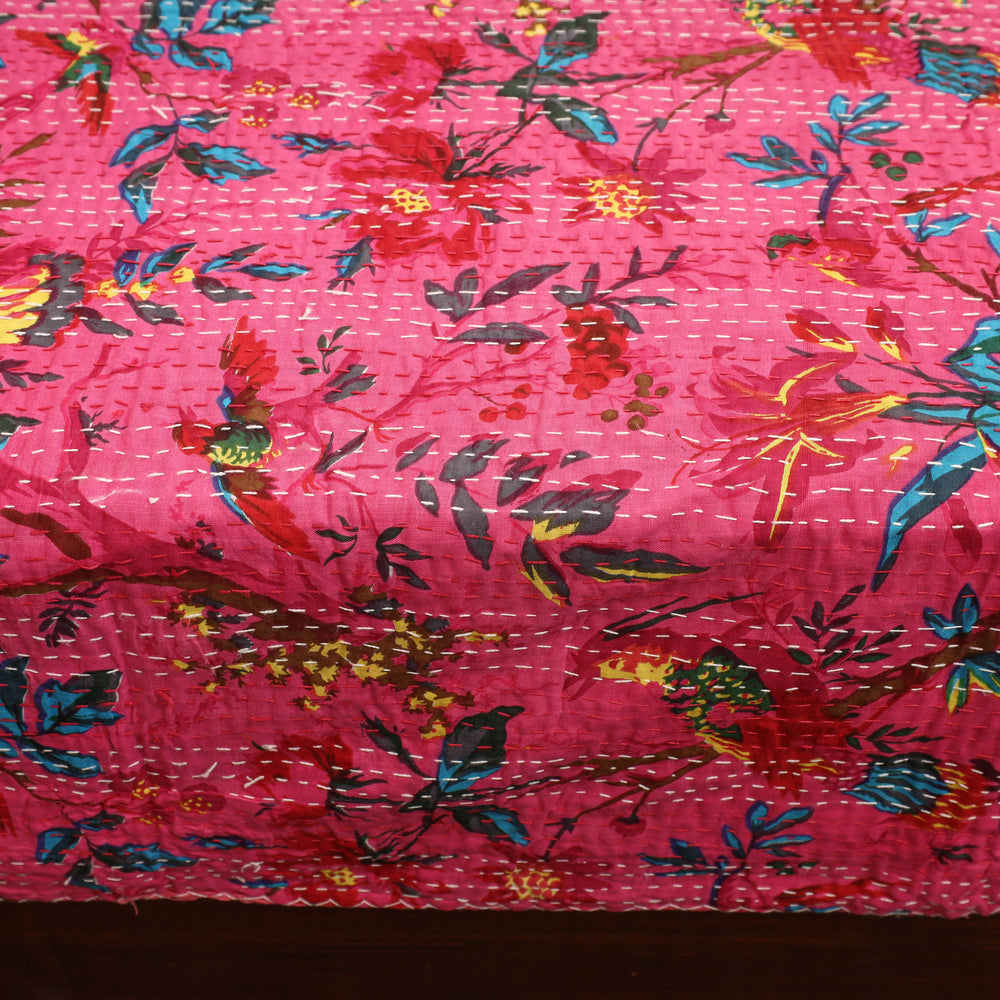 Pink - Jaipur Print Double Tagai Kantha Bed Cover 12