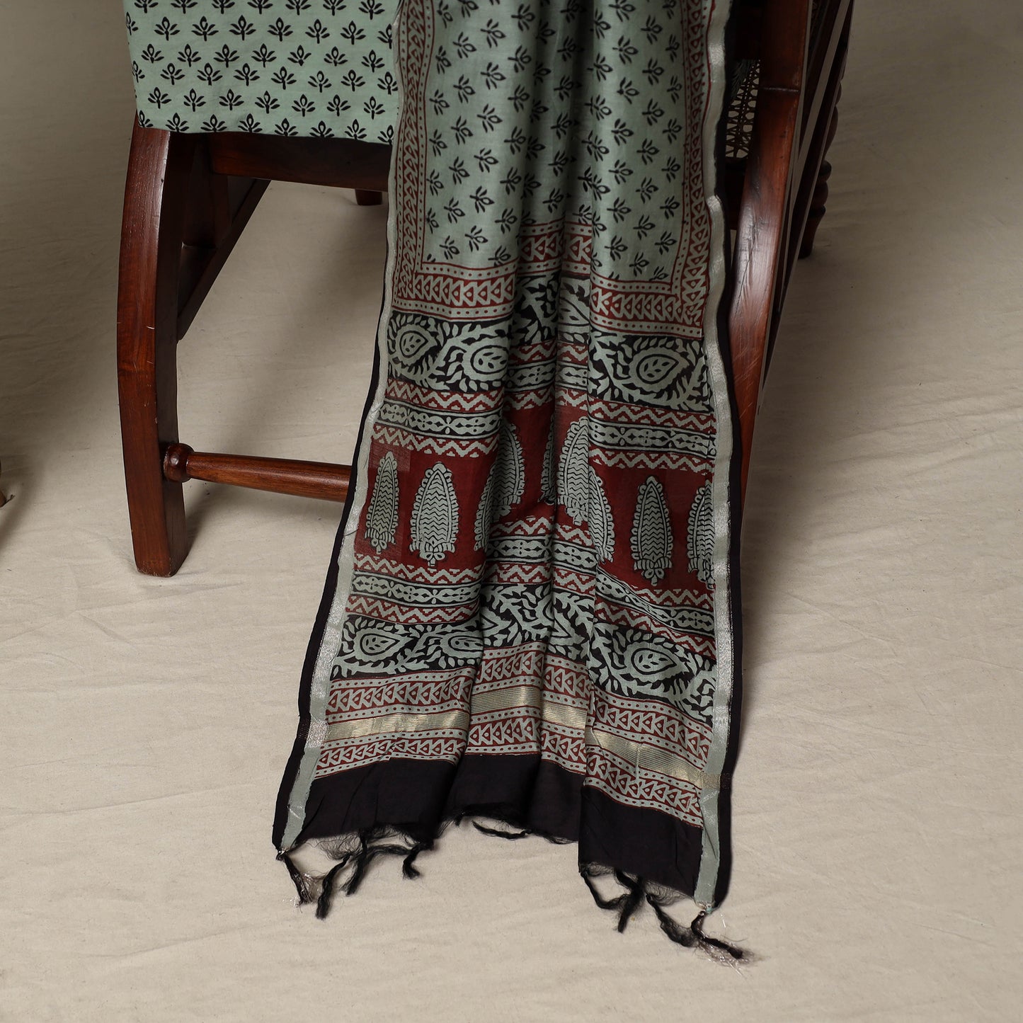 Bagh Hand Block Print Natural Dyed Chanderi Silk 3pc Unstitched Dress Material Suit Set 33
