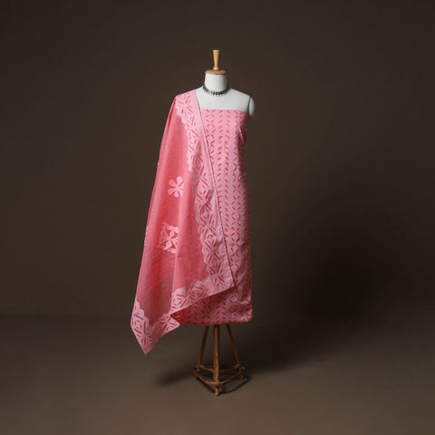 Pink - Applique Cutwork Cotton Unstitched Dress Material: Kurta, Bottom & Dupatta 30